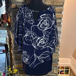 NWT Joseph Ribkoff Navy Blue and silver Rose Print Blouse